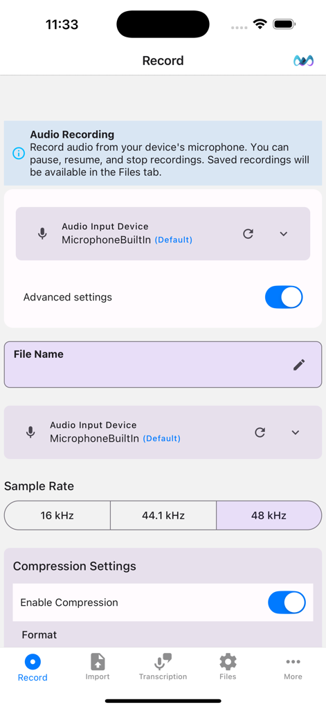 Advanced recording settings in the Audio Playground app showing sample rate and compression options