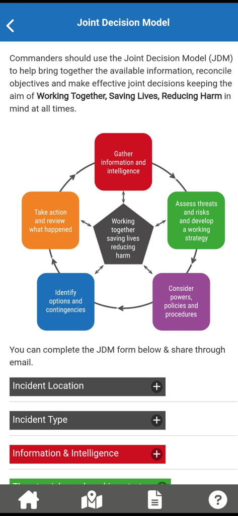 JESIP - Interface of the JESIP app showing the Joint Decision Model diagram and reporting fields