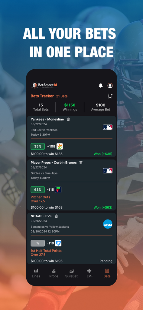 AI Sports Betting : BetSmartAI - Panel de seguimiento de apuestas de BetSmartAI que muestra las apuestas deportivas rastreadas y las ganancias totales