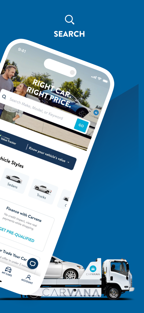 Carvana: Buy/Sell Used Cars - Carvana mobile app search screen showing used car search and delivery truck