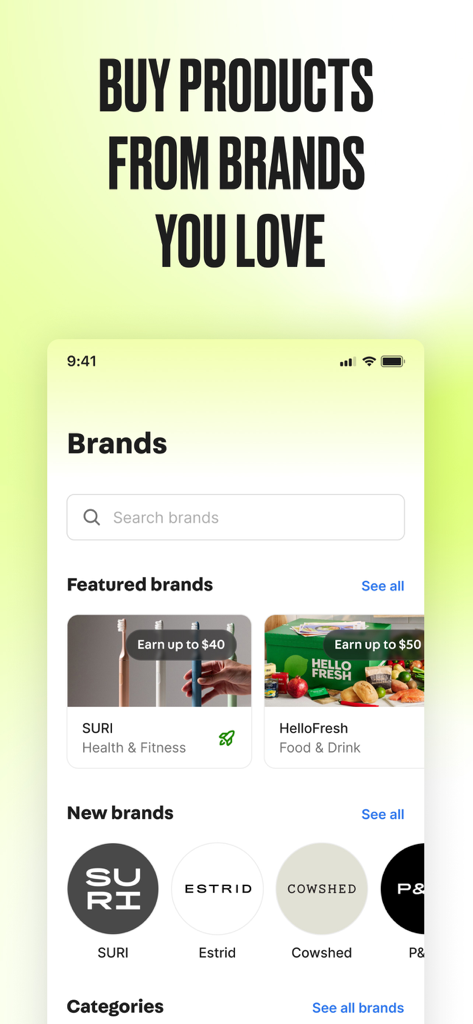 Social Tip: Post & Earn - Social Tip app interface displaying featured brands and potential cash rewards for social media posts.