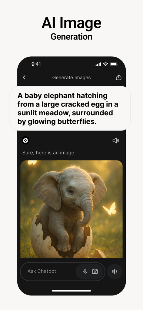 Chatbot App - AI Assistant - Interfaz de Chatbot App mostrando la generación de imágenes de IA de un elefante bebé