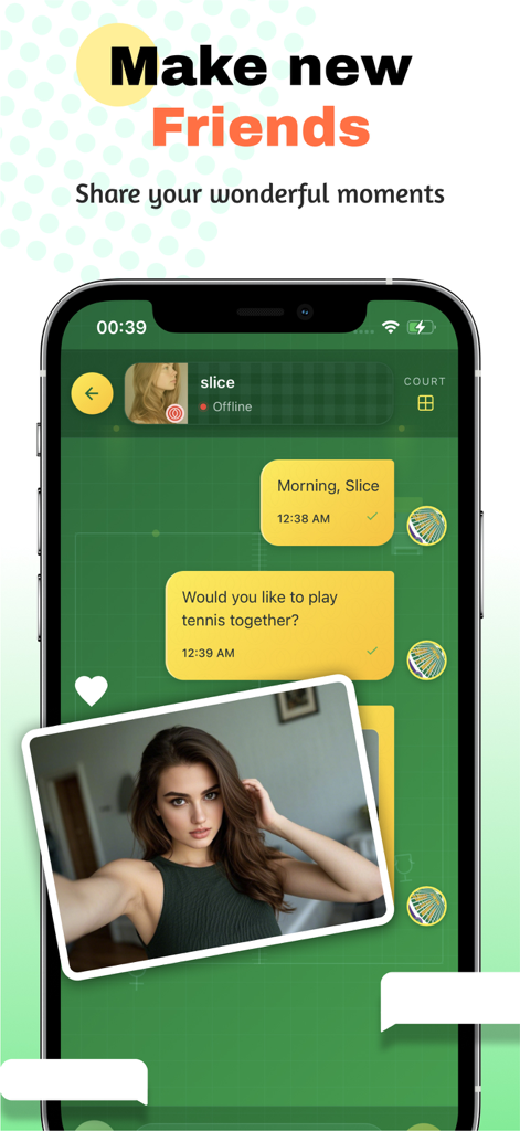 Karo - Shine & Video Chat - Karo app chat screen showing a tennis game invitation and a user selfie.