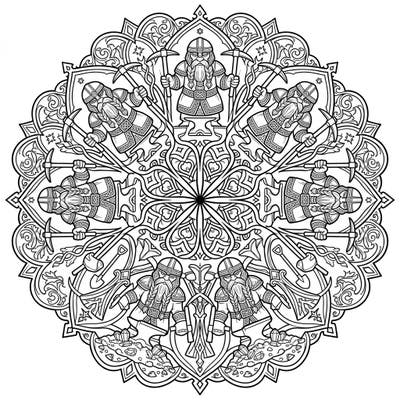 Journey into a realm of fantasy and craftsmanship with this captivating Gothic Dwarf Mandala coloring page. Its symmetrical design features sturdy dwarves amidst mining tools and ornate Gothic details, offering a unique and engaging artistic challenge.