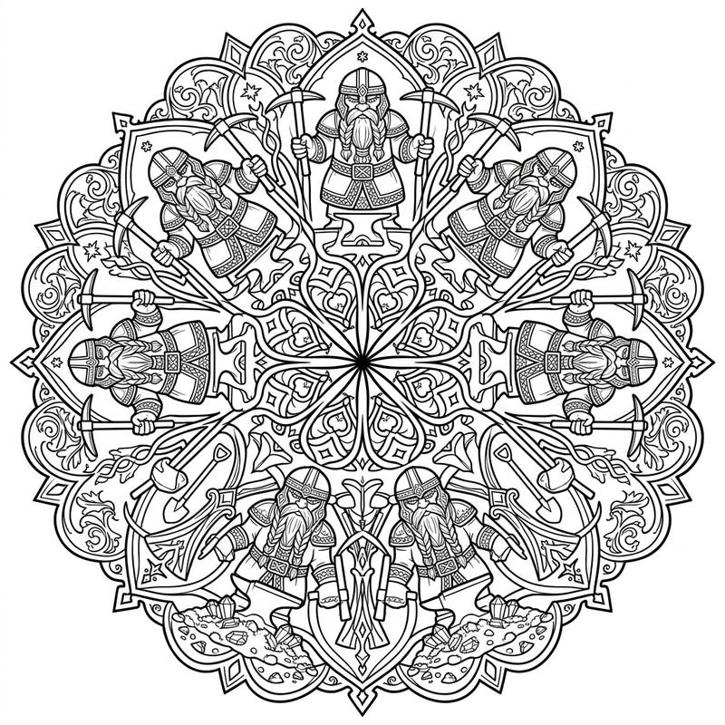 Journey into a realm of fantasy and craftsmanship with this captivating Gothic Dwarf Mandala coloring page. Its symmetrical design features sturdy dwarves amidst mining tools and ornate Gothic details, offering a unique and engaging artistic challenge.