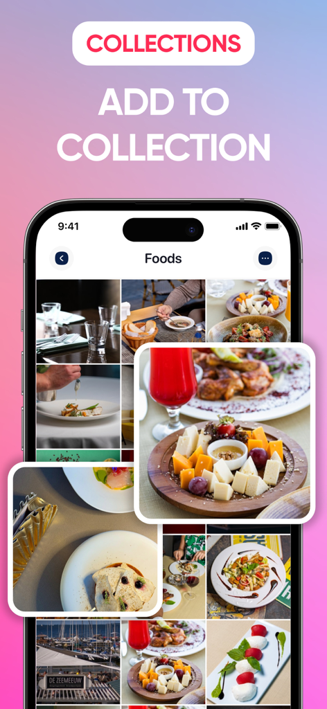 InstaGet Instagram Video Saver - InstaGet app interface showing organized food bookmarks in a collection folder