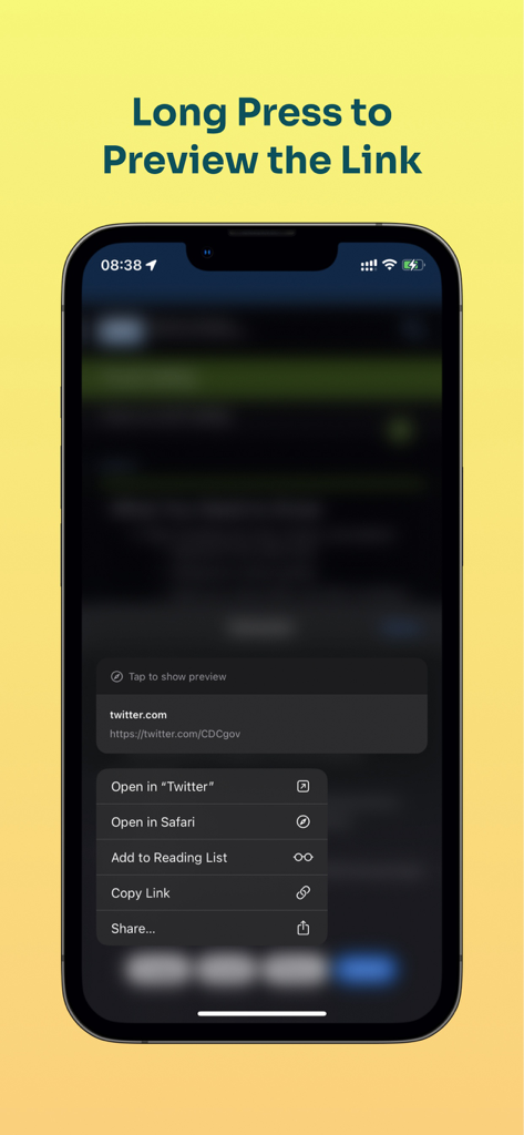 Extractor for Safari - Menú de vista previa de enlaces en la aplicación Extractor para Safari que muestra opciones para abrir o copiar un enlace de Twitter.