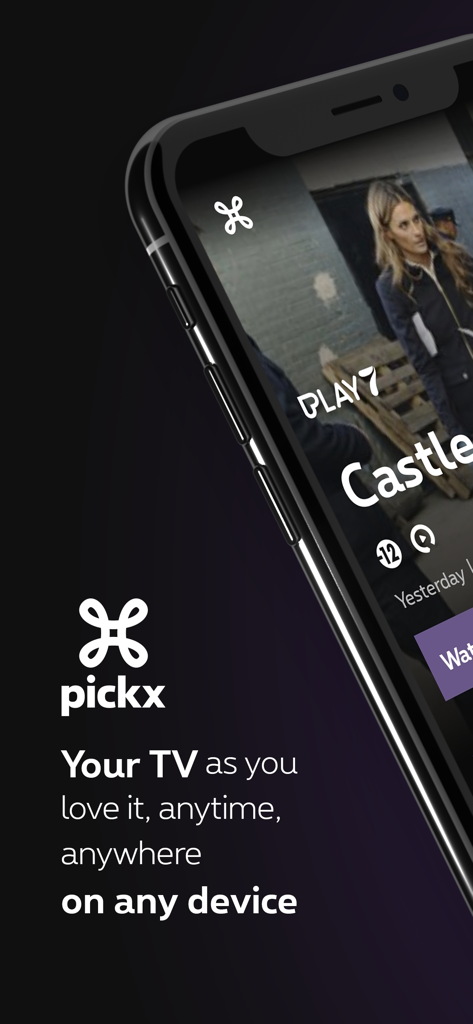 Proximus Pickx App-Oberfläche mit Streaming-Inhalten auf einem Smartphone mit dem Slogan Ihr Fernsehen jederzeit und überall