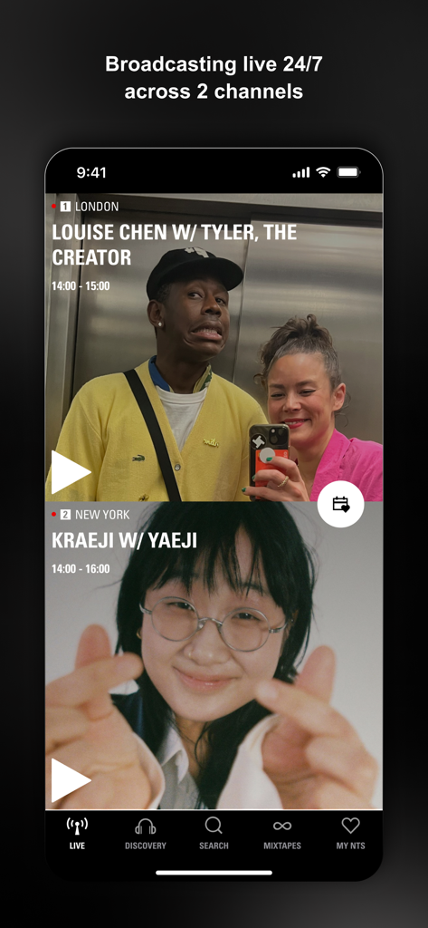 NTS Radio app interface showing live broadcast channels from London and New York featuring Tyler The Creator and Yaeji