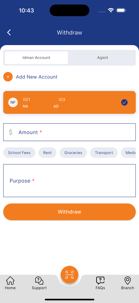 Idman Wallet - Interface de retrait de l'application Idman Wallet montrant la saisie du montant et les catégories de motif de transaction telles que le loyer et les frais de scolarité