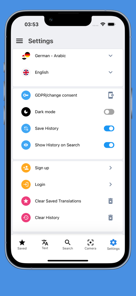 Einstellungen-Benutzeroberfläche der arabdict-Wörterbuch-App, die die Sprachauswahl und Benutzereinstellungen zeigt.
