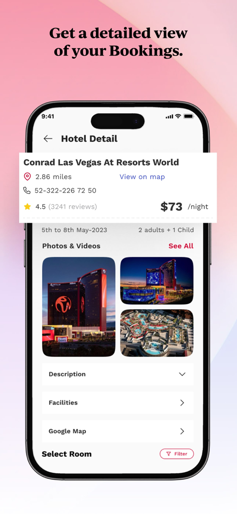 IntelePro App-Oberfläche mit detaillierten Hotelbuchungsinformationen für das Conrad Las Vegas, einschließlich Preis und Fotos