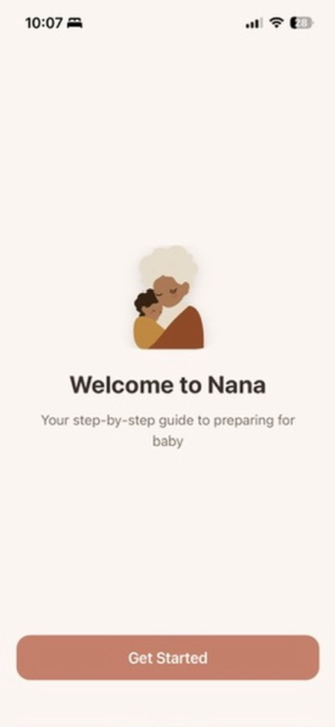 Nana Baby App - Nana Baby App welcome screen featuring an illustration of a grandmother holding a baby and a get started button