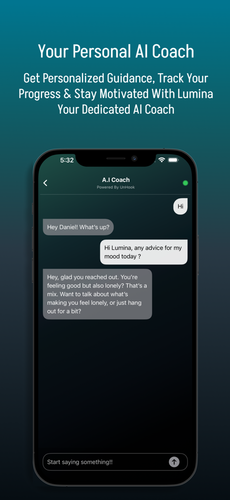 Unhook: Quit Porn & Reboot - The Unhook app chat interface showing personalized guidance from Lumina the AI coach.