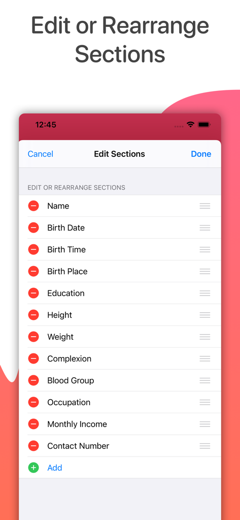 Interface for editing and rearranging personal information sections in the Bio Data Maker app.