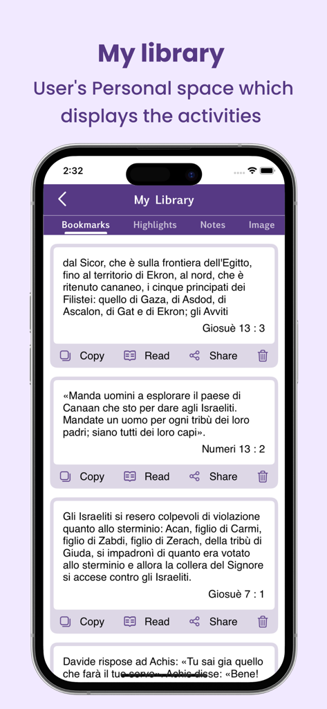 Pantalla Mi Biblioteca de la aplicación Biblia Italiana mostrando versos marcados con opciones para copiar y compartir