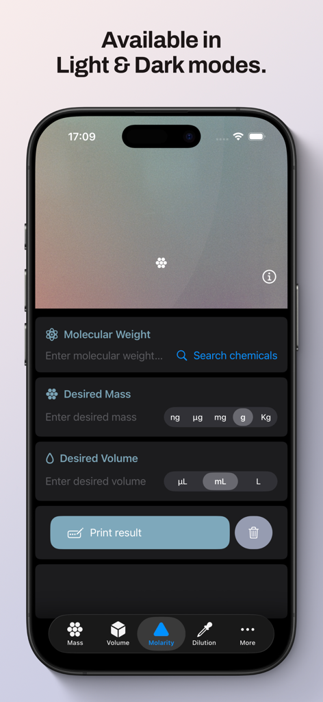 Lab Mate — Molarity & Dilution - ダークモードのLab Mateアプリのモル濃度計算機画面