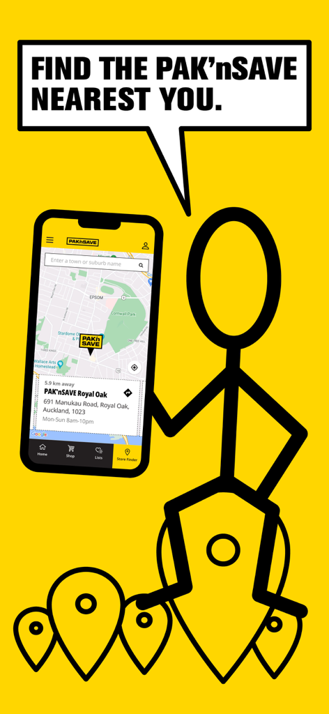 PAK'nSAVE - A stick figure holding a smartphone showing the PAK'nSAVE store finder map feature.