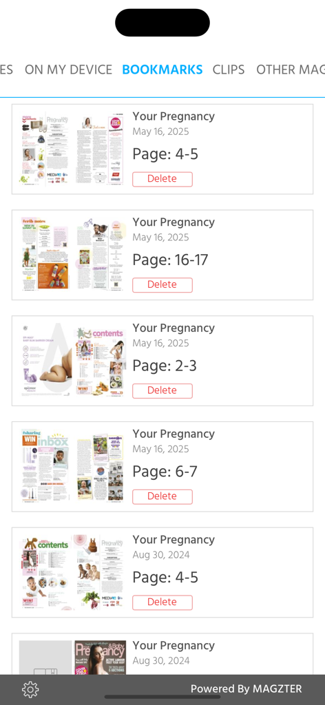 Your Pregnancy SA - Captura de pantalla de la pantalla de Marcadores en la aplicación Tu Embarazo SA que muestra una lista de páginas de revistas guardadas con fechas de publicación y números de página.
