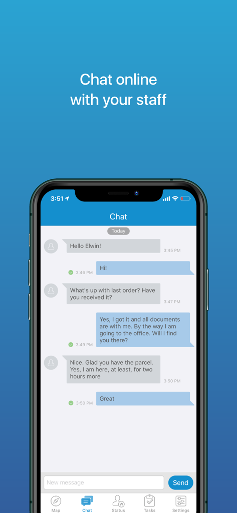 X-GPS Monitor mobile app screenshot showing the real-time chat interface for communicating with field staff