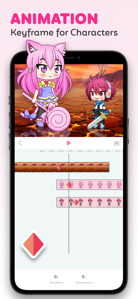 Lala Kids: Create Life Story - Mobile app interface of Lala Kids showing character animation with keyframes and a video timeline