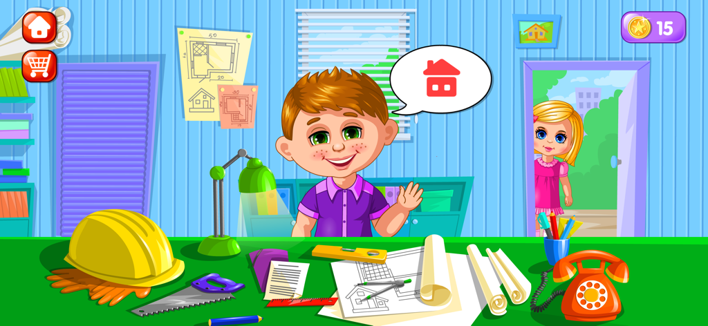 Builder Game - Craft & Paint - 設計図や道具がある修理屋のワークショップにいる、アニメ調の男の子のキャラクター。