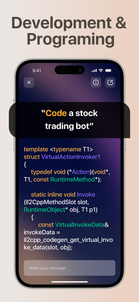 ChatMind - Instant AI Chat Bot - ChatMind AI assistant interface showing code generation for a stock trading bot