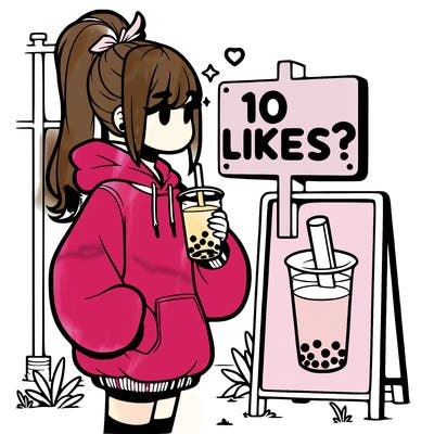 girl with oversized hoodie drinking boba and she has a high ponytail with a sign that says 10likes?