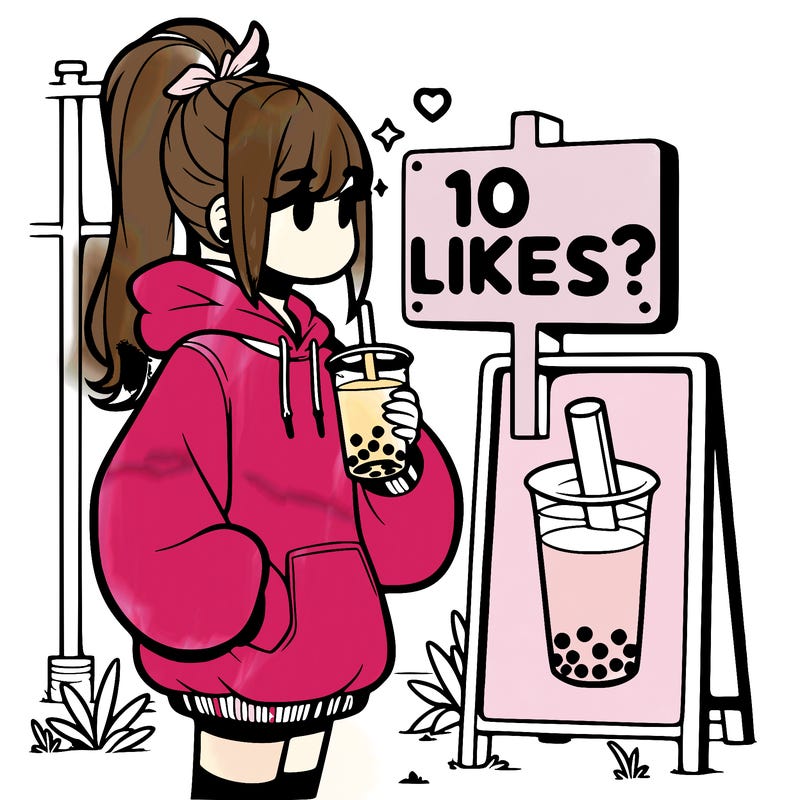 girl with oversized hoodie drinking boba and she has a high ponytail with a sign that says 10likes?