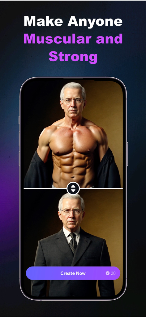 AI muscle enhancer feature showing an older man in a suit transformed into a muscular physique