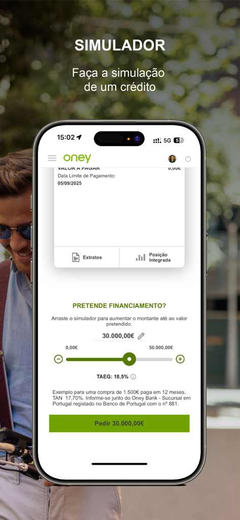 Oney Portugal - Tela do aplicativo móvel Oney Portugal com um simulador de empréstimo de crédito com controle deslizante ajustável para solicitações de financiamento.