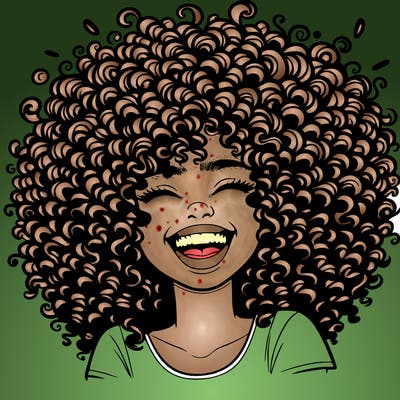 realistic girl with super curly hair laughing