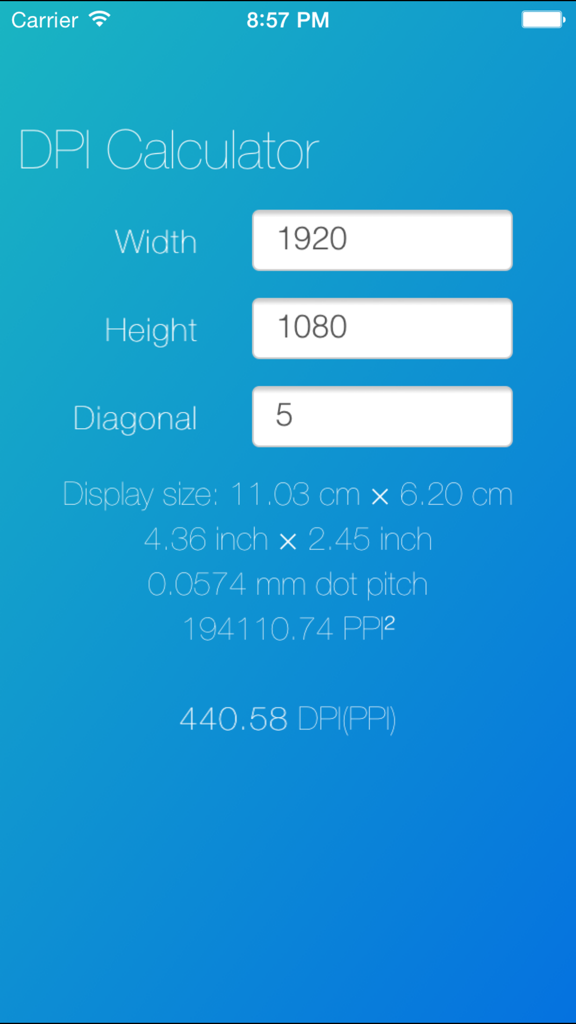 Interface do aplicativo Calculadora de DPI mostrando cálculo de densidade de pixels para uma resolução de tela de 1920 por 1080