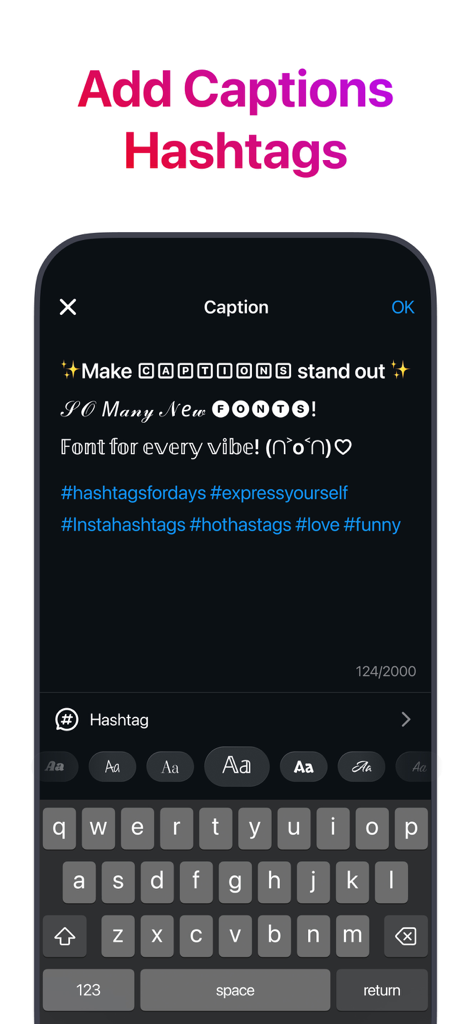 Grid Preview for Instagram - Interface para adicionar legendas e hashtags com fontes personalizadas para postagens do Instagram.