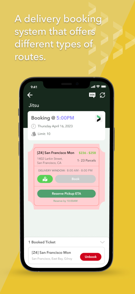 Jitsu Drive - Jitsu Drive App-Oberfläche, die eine Buchung einer Lieferroute für San Francisco mit garantierten Gehaltsspannen zeigt