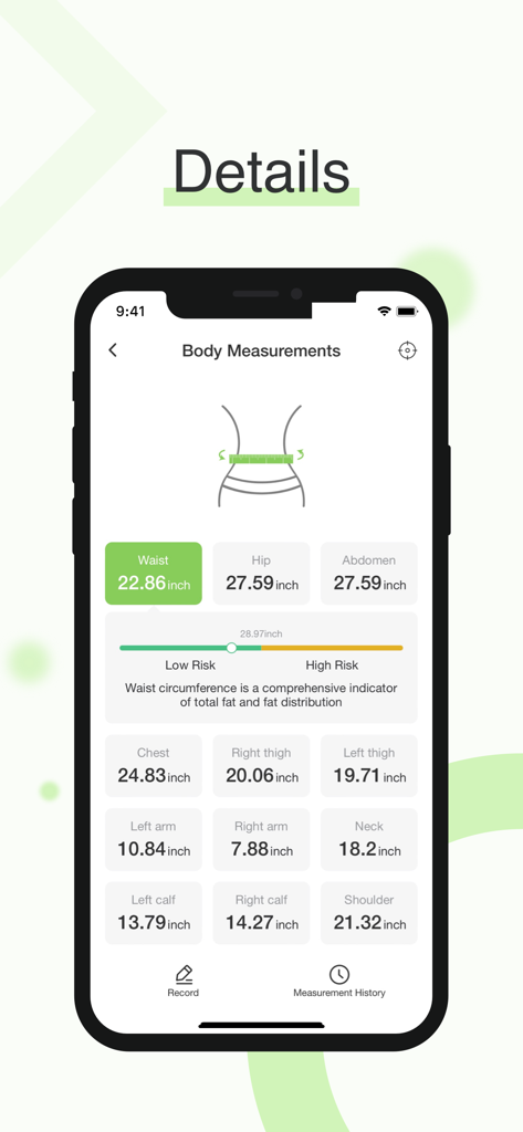 Feelfit - Feelfit app screen displaying detailed body measurements and health metrics