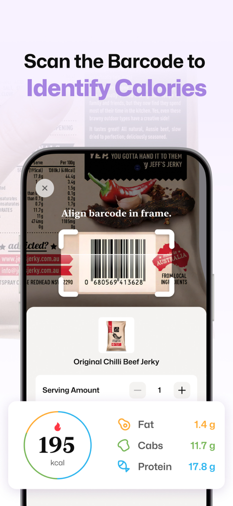 Well AI app interface showing a barcode scanner identifying calories and nutritional info for a snack.