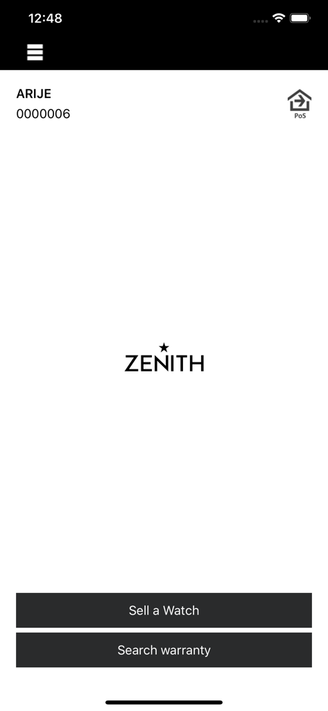 ZWA - Zenith Watches - Zenith ZWA内部アプリのホーム画面。リテールプロフェッショナル向けで、「時計を販売」および「保証を検索」ボタンが表示されます。