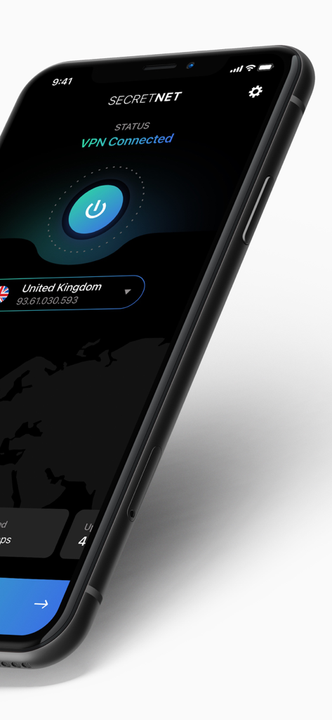 VPN Super Unlimited - Secret - Interfaccia dell'app Secret Net VPN su iPhone che mostra lo stato come VPN Connessa a un server nel Regno Unito