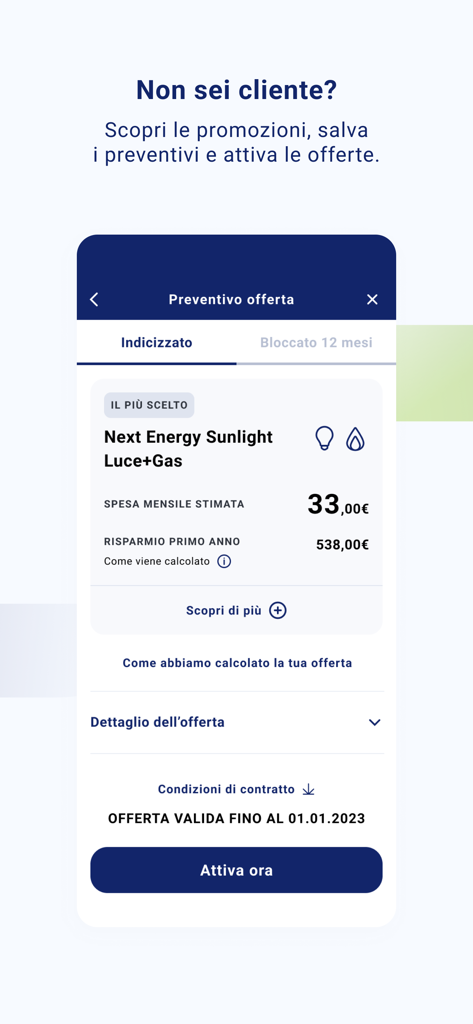 MySorgenia - MySorgenia app screen showing an energy and gas offer estimate with estimated monthly spending and annual savings
