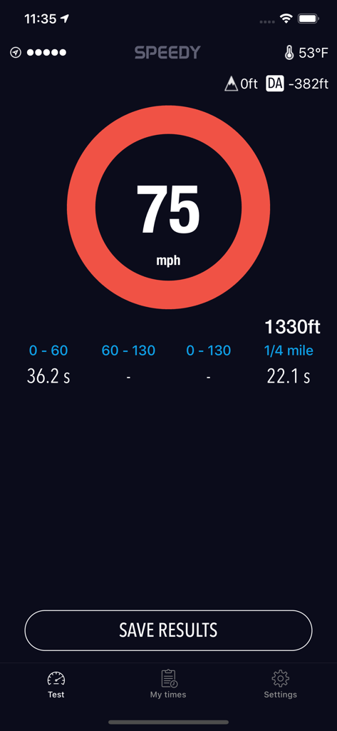 Speedy - Speedometer - Speedy app interface showing car performance metrics including speed and acceleration times