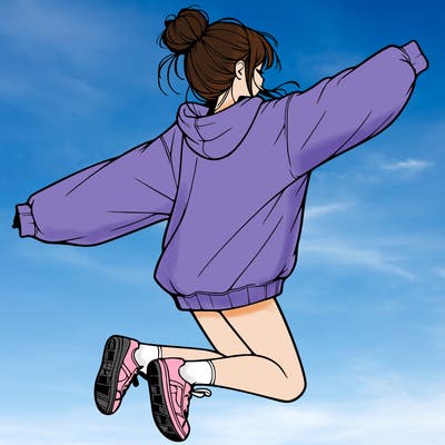 realistic girl jumping with a bun and oversized sweatshirt