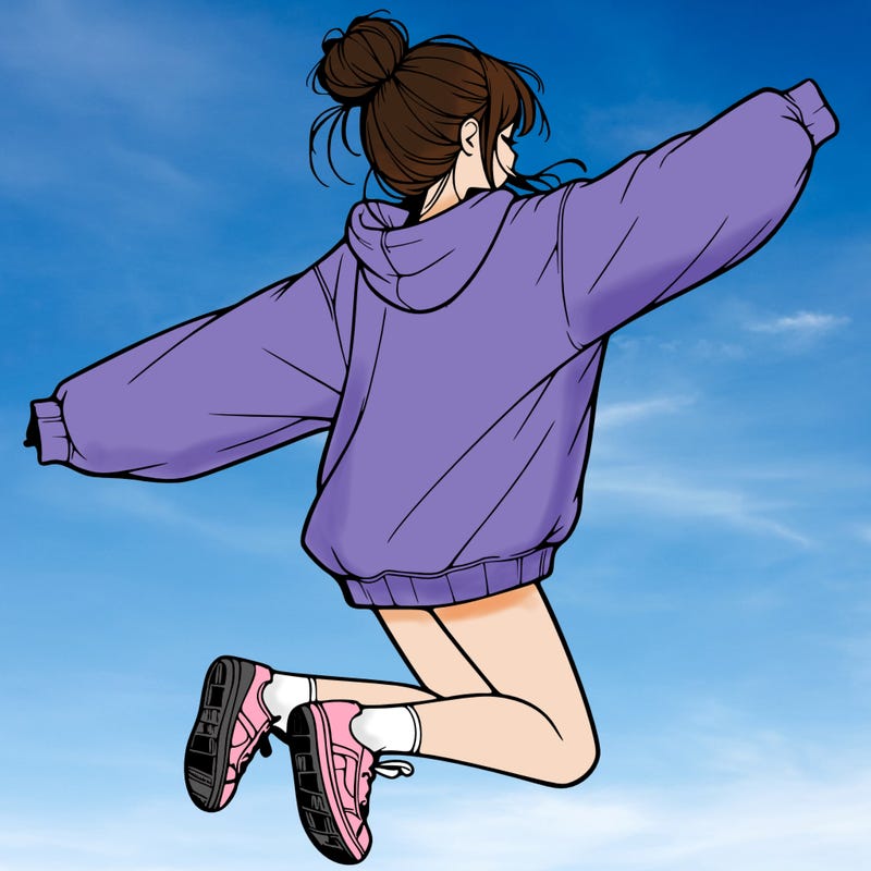 realistic girl jumping with a bun and oversized sweatshirt