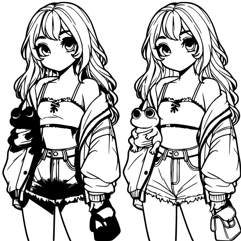 a cottage girl in a crop top in a baggy jacket and jean shorts holding a frog