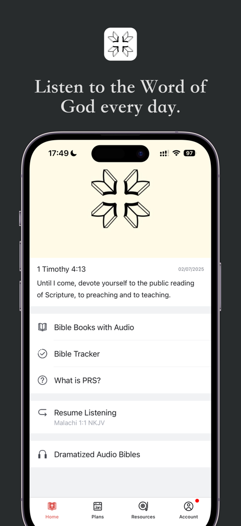 Home screen of the Public Reading of Scripture app showing audio bible options and daily scripture verses.