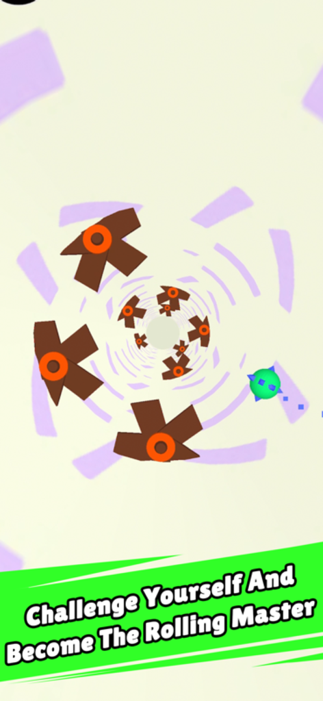 Rolly Vortex - A spiked green ball navigating through brown obstacles in a white vortex tunnel