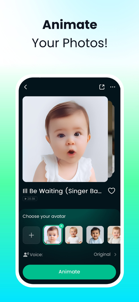 DreamFace: AI Video Generator - DreamFace app interface showing the animate your photos feature with a baby avatar portrait