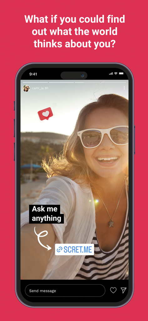 A smartphone displaying an Instagram Story with a Scret.me link sticker for anonymous questions.