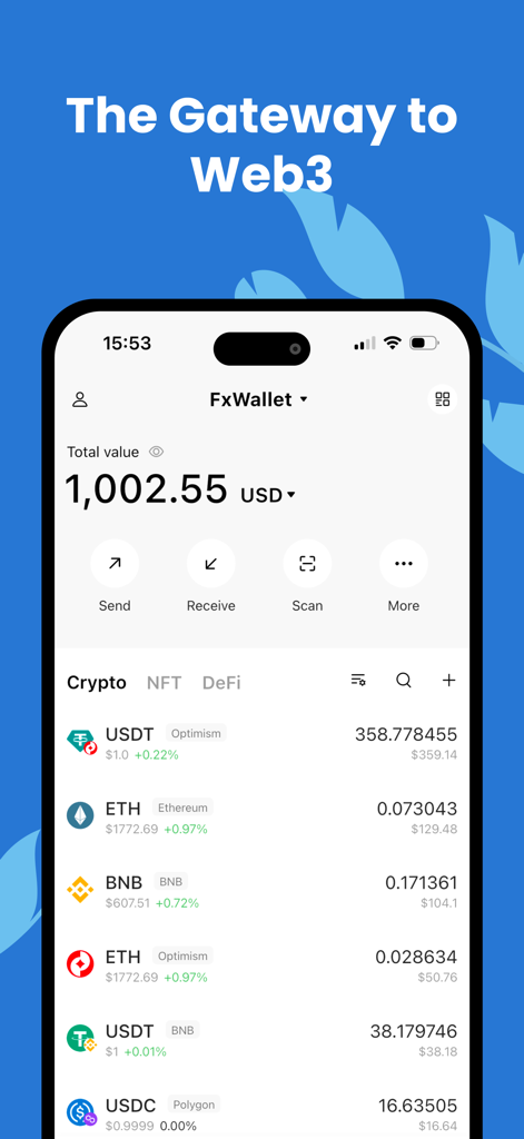 FxWallet - Interfaccia dell'app mobile FxWallet che mostra il saldo delle criptovalute multi-chain e il dashboard degli asset digitali