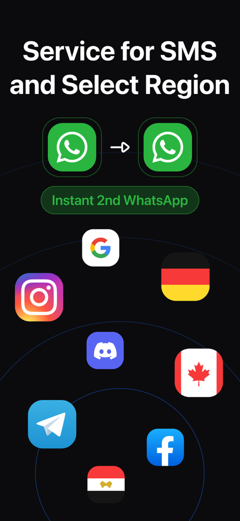 SMSVerify - Virtual SMS Number - Interface showing various social media app icons like WhatsApp and Instagram alongside international flags for regional virtual number selection